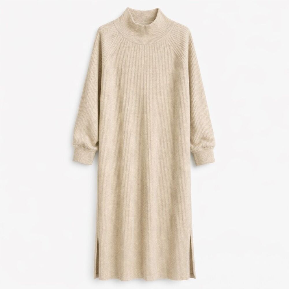 & Other Stories Rib Knit Mock Neck Sweater Dress Cream Midi Plus 1x